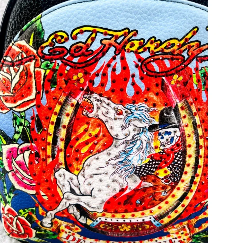 Ed Hardy Studded Mini Backpack Black Skull Horse Roses Tattoo‎ Art Y2K NWT